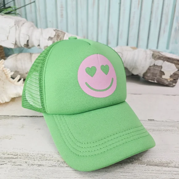 NWT Green Trucker Hat with Pink Smiley Face - Picture 2 of 5